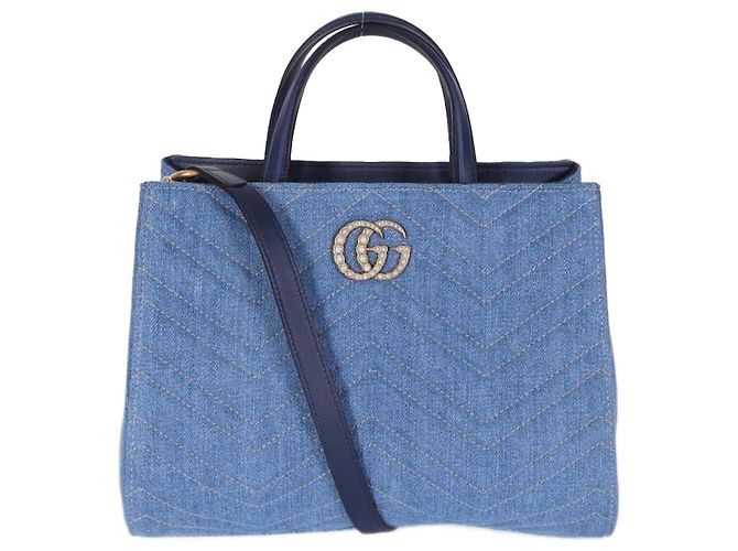 Gucci Bolsa de compras com alça de denim GG Marmont