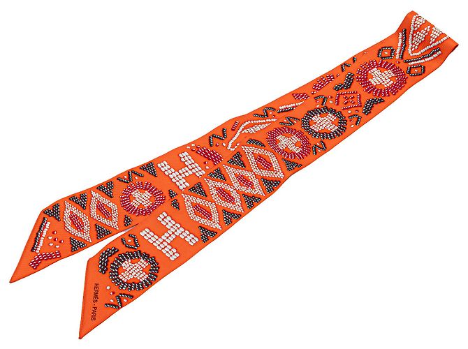 Hermès Naranja Kelly en Perlas Bufanda de Seda Twilly