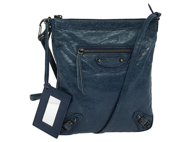 Borsa a spalla piatta classica in pelle blu BALENCIAGA Auth bs24746