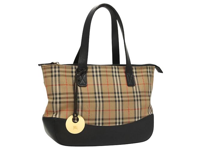Autre Marque Bolsa de mão em lona bege com estampa Nova Check da Burberrys, dourada, autêntica BA1414 Dourado