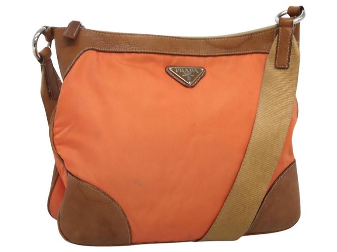 PRADA Schultertasche Nylon Orange Silber Authentisch bs24487