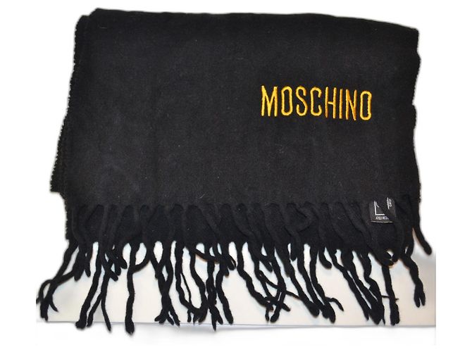 Sciarpa Moschino in lana nera con logo giallo Nero