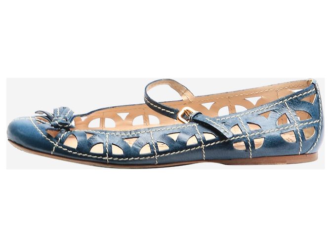 Bow Prada Blue leather cutout Mary Jane flats - size EU 39