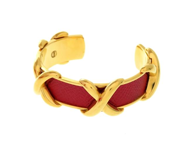 Hermès Hermes Cross Metal Leather Red Bangle Golden 