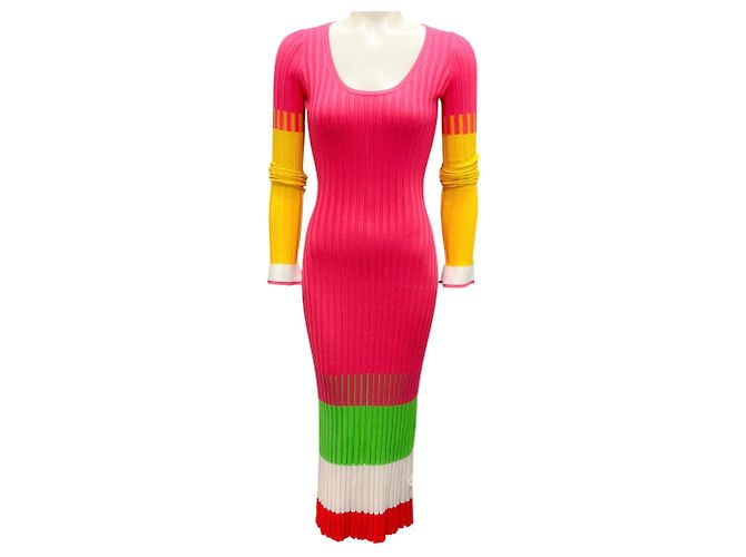 Prabal Gurung Hot Pink Mehrfarbiges Langarm-Rippstrick-Midi-Kleid