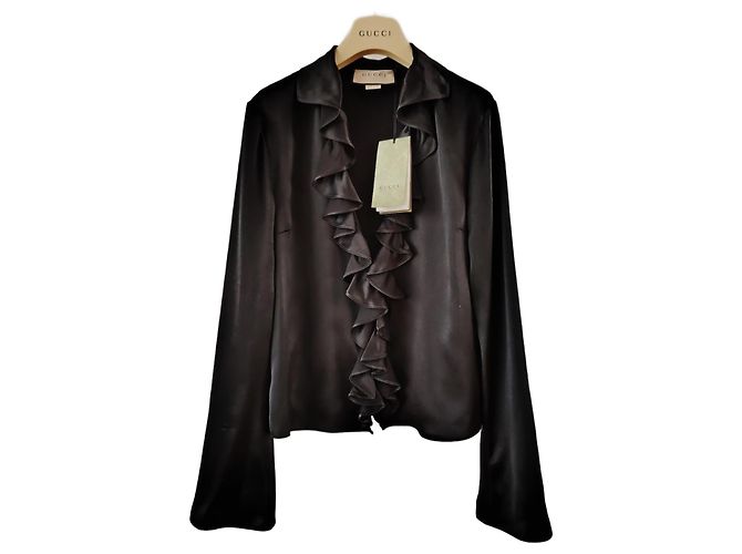 Camicia Gucci in seta nera con scollo a V e volant Nero