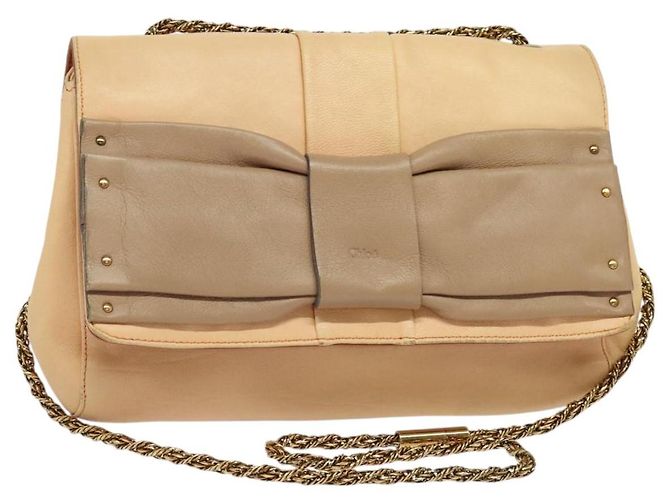 Chloé Bolsa de ombro de couro bege dourado Chloe Auth am8219