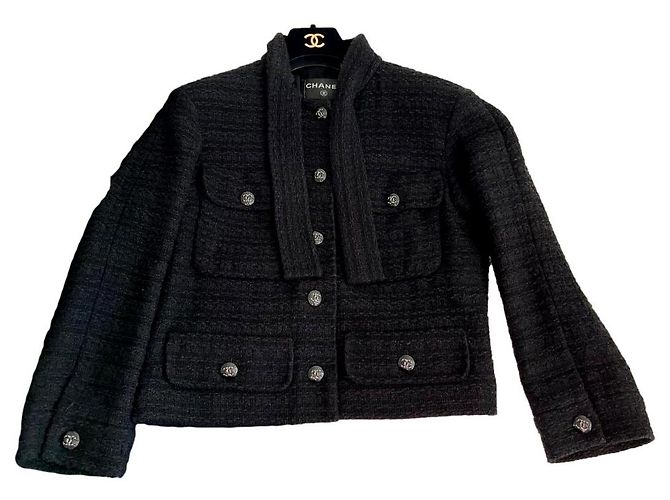 Chanel Tweed Jacke Schwarz Größe 38