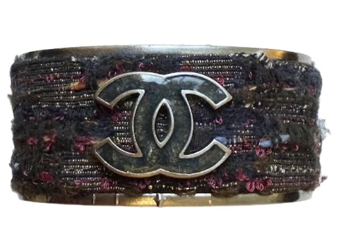 Bracciale Chanel Manchette Tweed CC Argento Nero e Rosso Multicolore