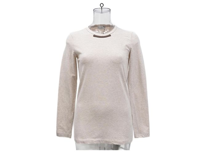 Beige Baumwollpullover mit Perlendetails von Brunello Cucinelli