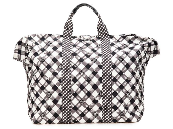 Chanel White Printed Canvas Gingham Weekender Tote