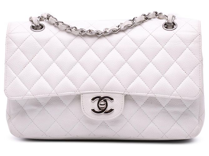 Chanel Blanc Moyen Classique Caviar Double Rabat Écru