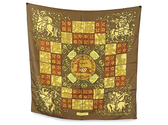 Hermès Hermes Vintage Brown Silk Hourvari Scarf 1972 Henry d'Origny  ref.2200643