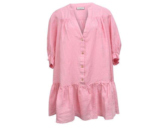 Sandro Paris Knopf Mini-Schwingkleid aus rosa Leinen Pink