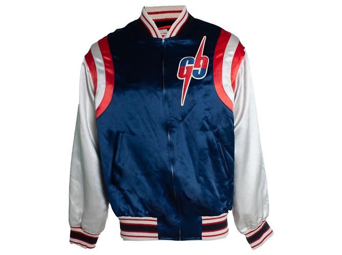 Gucci Jacke aus blauer Acetat mit GG-Klinge Weiß Rot