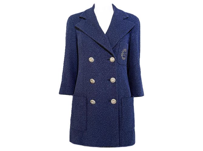 Chanel Jaqueta de tweed azul marinho com patch do logo CC icônico 36 FR