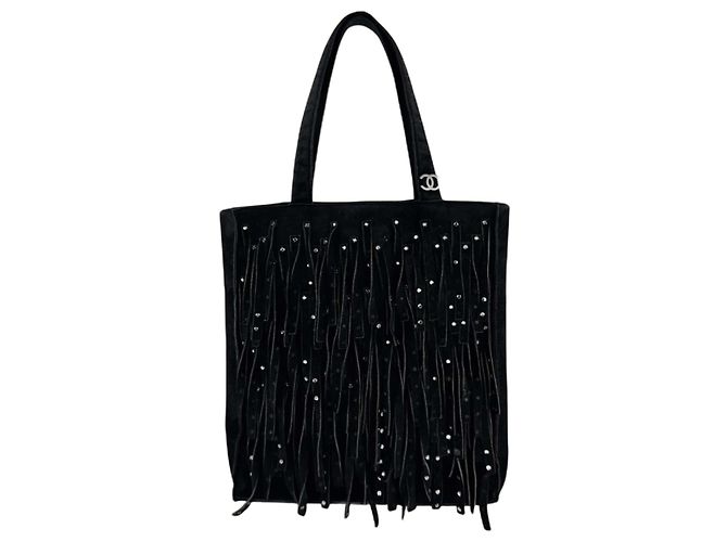 Mini sac en daim à franges Chanel avec des strass Noir