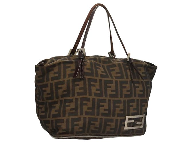 Bolsa de mão em canvas Zucca FENDI preta e marrom Auth ep8782 Preto