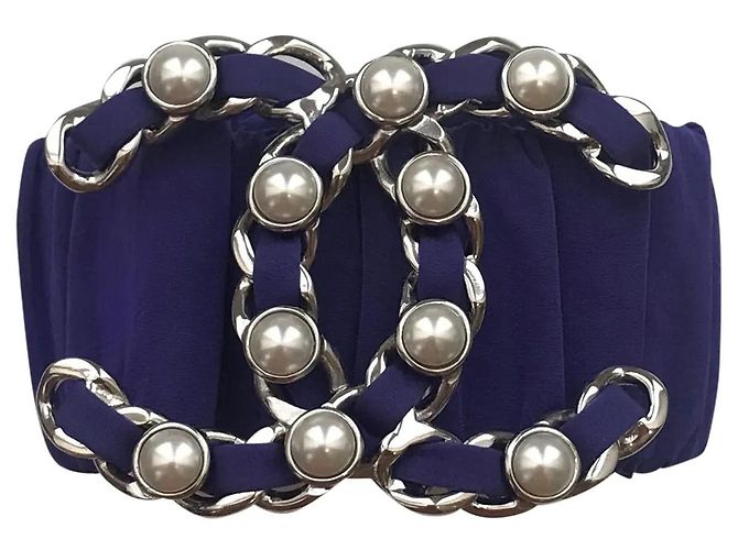 Cinto Chanel de nylon elástico roxo com contas