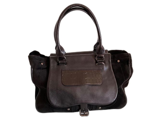 Bolsa tote Longchamp de couro e camurça preta Preto