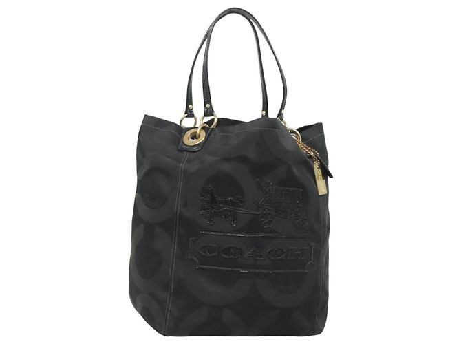 Borsa Tote Coach in tela nera e oro Auth bs24943