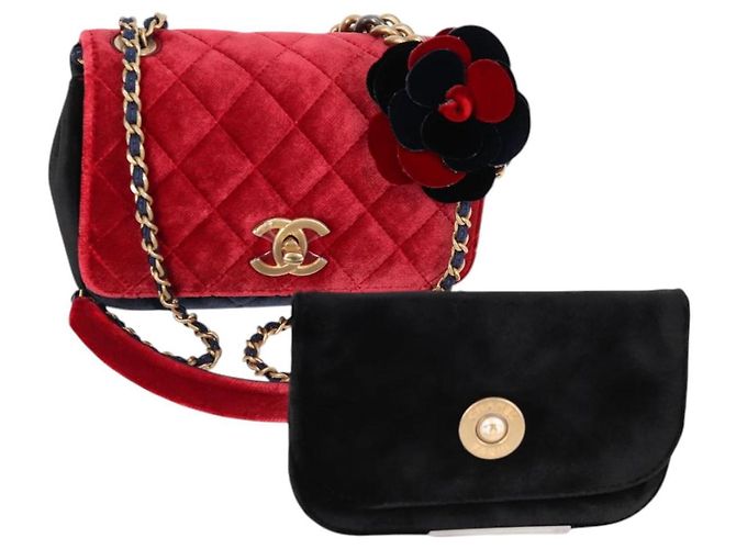 CHANEL Matelassé Camelia Borsa a Spalla con Catena Velluto Rosso CC Auth KD378SM Blu navy