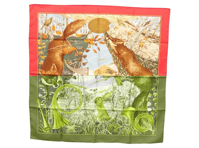 Hermès HERMES Carré 90 Écharpe "CHASSE AU BOIS" Soie Rouge Auth hk2455  ref.2209434