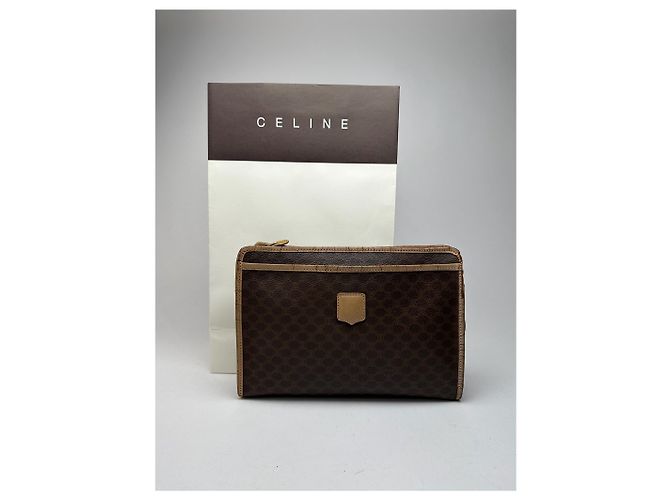 Céline Clutch de cuero monograma Celine París vintage marrón Castaño