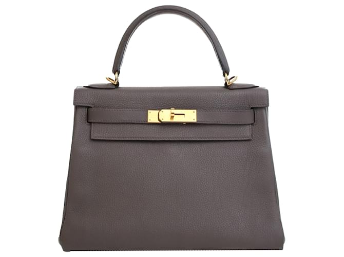 Hermès Gray Togo Kelly II Retourne 28 Brown Dark grey Leather Pony-style calfskin  ref.2210489