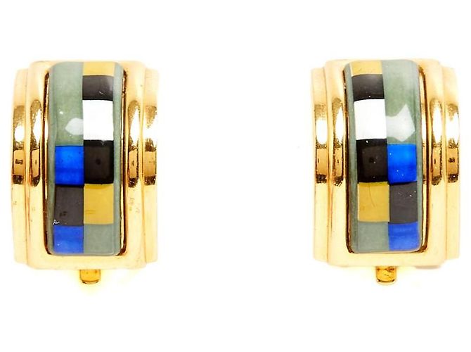 Orecchini a clip Hermès Boucles Clips Email Imprime Blu grigio D'oro