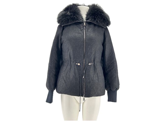 Moncler black short puffer jacket with fur collar