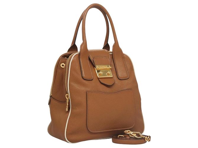 Bolsa Miu Miu de couro 2 vias marrom ouro Auth sw446