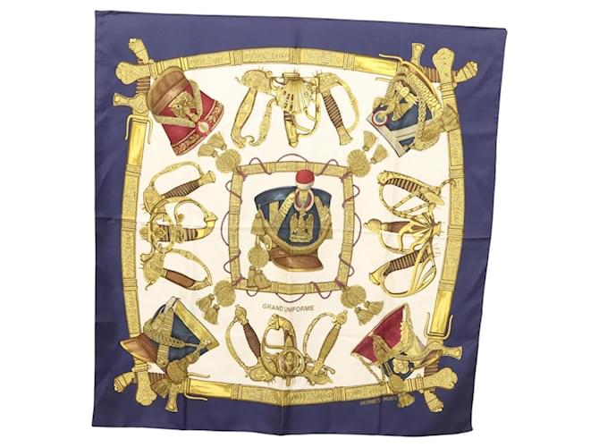 Hermès Foulard HERMES Carré 90 ""GRAND UNIFORME"" Soie Bleu Blanc Auth BA1588  ref.2214037