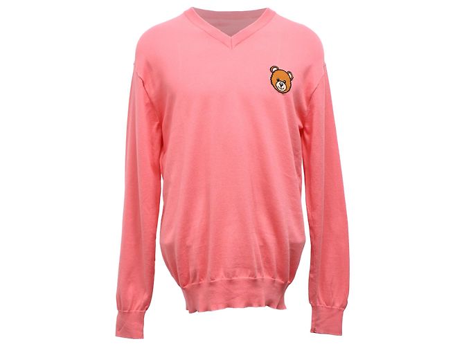Suéter V-Neck em Algodão Rosa com Urso Moschino Couture