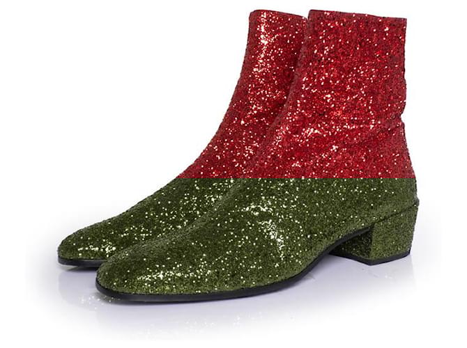 Saint Laurent Red glitter Caleb zippered boots  ref.2216752