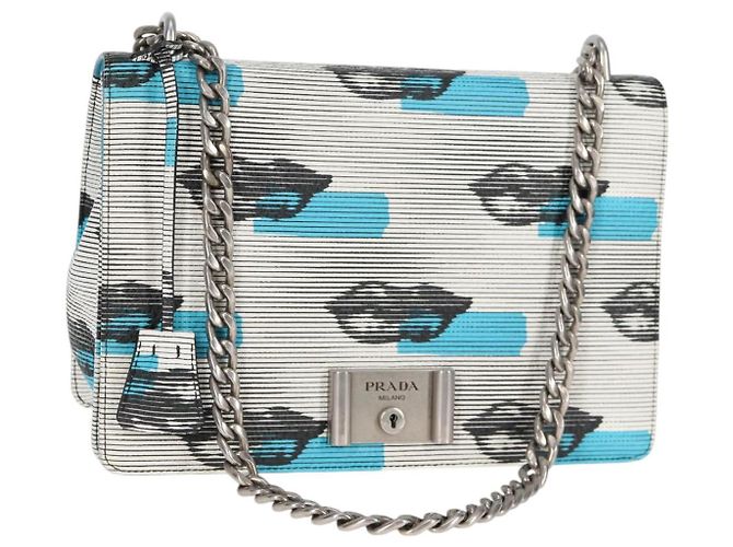PRADA Bolsa de Ombro com Corrente de Couro Azul Prata Auth KD283M