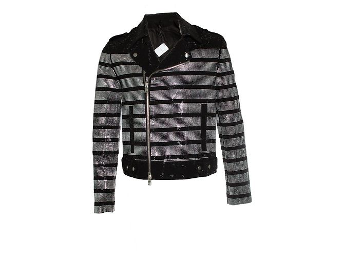 Giacca da biker a righe con strass Balmain Nero Argento