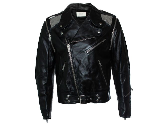 Céline Celine, Leather jacket with metal mesh Black