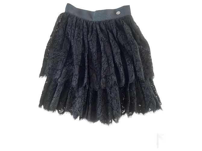 Falda Chanel negra con volantes efecto encaje de algodón Negro