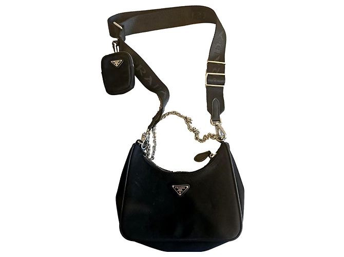 Double Sac à main Prada Re-edition 2005 en lin noir