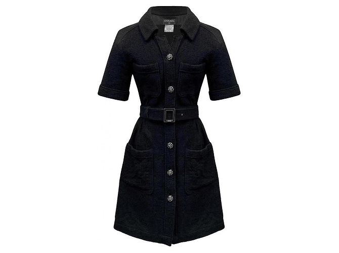 Chanel Schwarzes Tweedkleid mit Gürtel CC Logo 36 FR