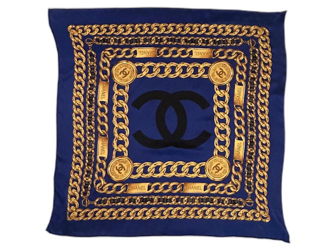 Lenço Chanel de seda 100% seda 90 x 90 cm Azul escuro