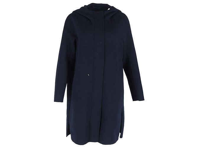 Max Mara Hooded Coat in Navy Blue Wool