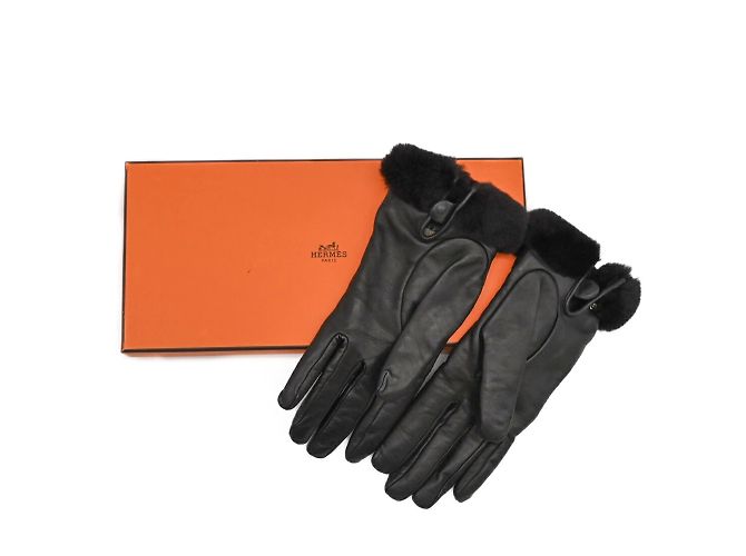 Hermès Hermes Kelly Handschuhe Schwarz Leder Kaschmir Pelz