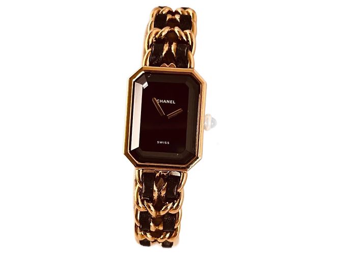 Première Chanel My First Uhr Goldplattiert Leder Schwarz