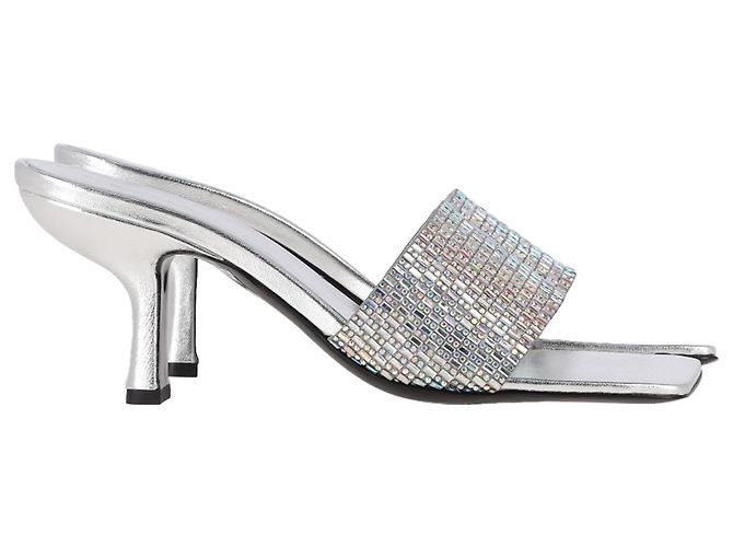 By Far Dylan Crystal-Embellished Mules in Silver Leather Silvery Metallic