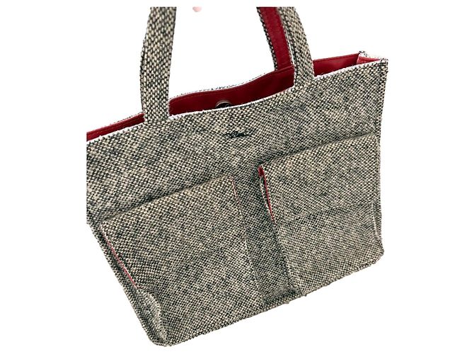 Longchamp tote bag in gray bouclé wool – red interior, rare and elegant model Black White