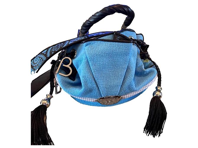 Sac à main Lancel Brigitte Bardot Blanc Bleu Marron Marron foncé Bijouterie argentée