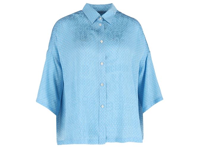 Balenciaga 2019 Tonal Logo Bluse mit Knopf aus hellblauer Seide