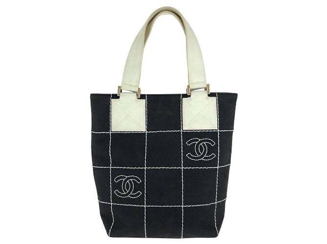 2.55 Borsa a mano in tela Choco Bar con cucitura selvaggia Chanel Coco Mark Nero